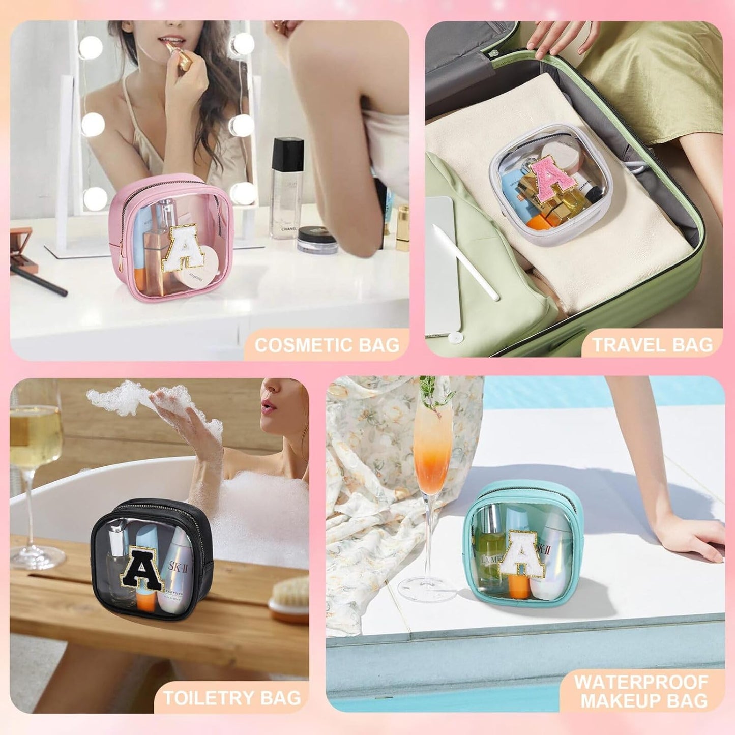 YOOLIFE Initial Make Up Bag Travel Toiletry Bag, Clear Makeup Bag Preppy Cosmetic Bags Organizer Travel Essentials Gifts for Women Teen Girlfriend Teacher Teen Gifts Party Bag Small Makeup Bag Blue M