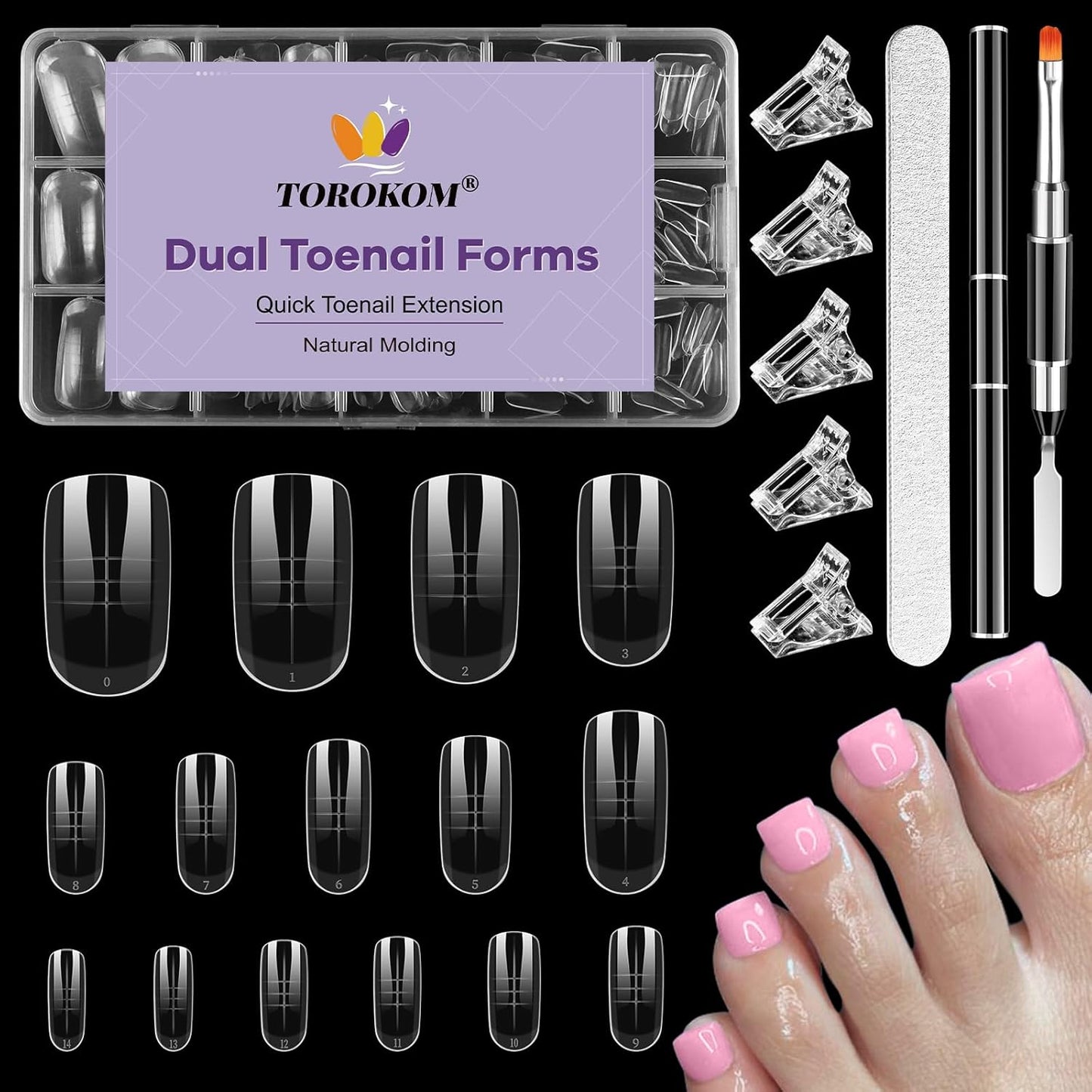 TOROKOM Toe Nail Forms, 150 Pieces Clear Square Full Cover Toenail Art Mold, Poly Gel Toe Nail Tips with Dual-Ended Brush and Nail File, 5PCS Clips - 15 Sizes