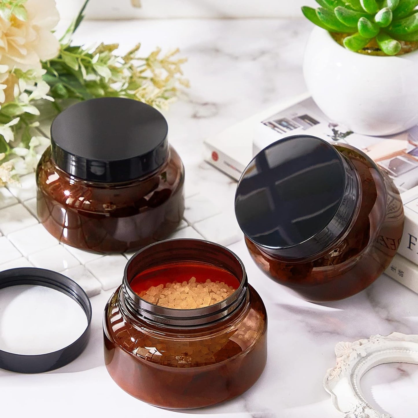 Tessco 24 Pack Plastic Jars with Lids Labels Empty Clear Plastic Jars Round Refillable Cosmetic Containers Body Butter Containers Bulk Sugar Scrub Bottle for Make Up(8 oz,Brown)