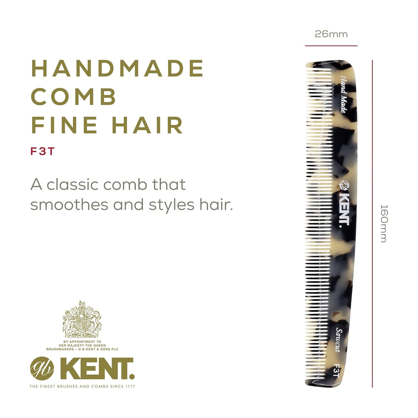 Kent F3TW Fine Tooth Comb - Hair Parting and Straightening Comb for Men's & Women's Dandruff Remover, Saw Cut and Hand Polished Made in England