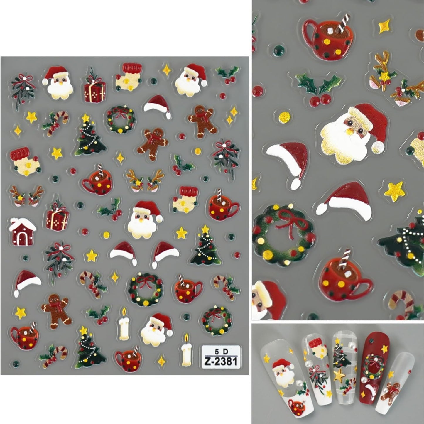 5D Embossed Christmas Nail Stickers for Nail Art Christmas Tree Santa Claus Nail Decals Self Adhesive Nail Design Christmas Nail Art Stickers New Year Nail Art Supplies for Women Girls 2 Sheets
