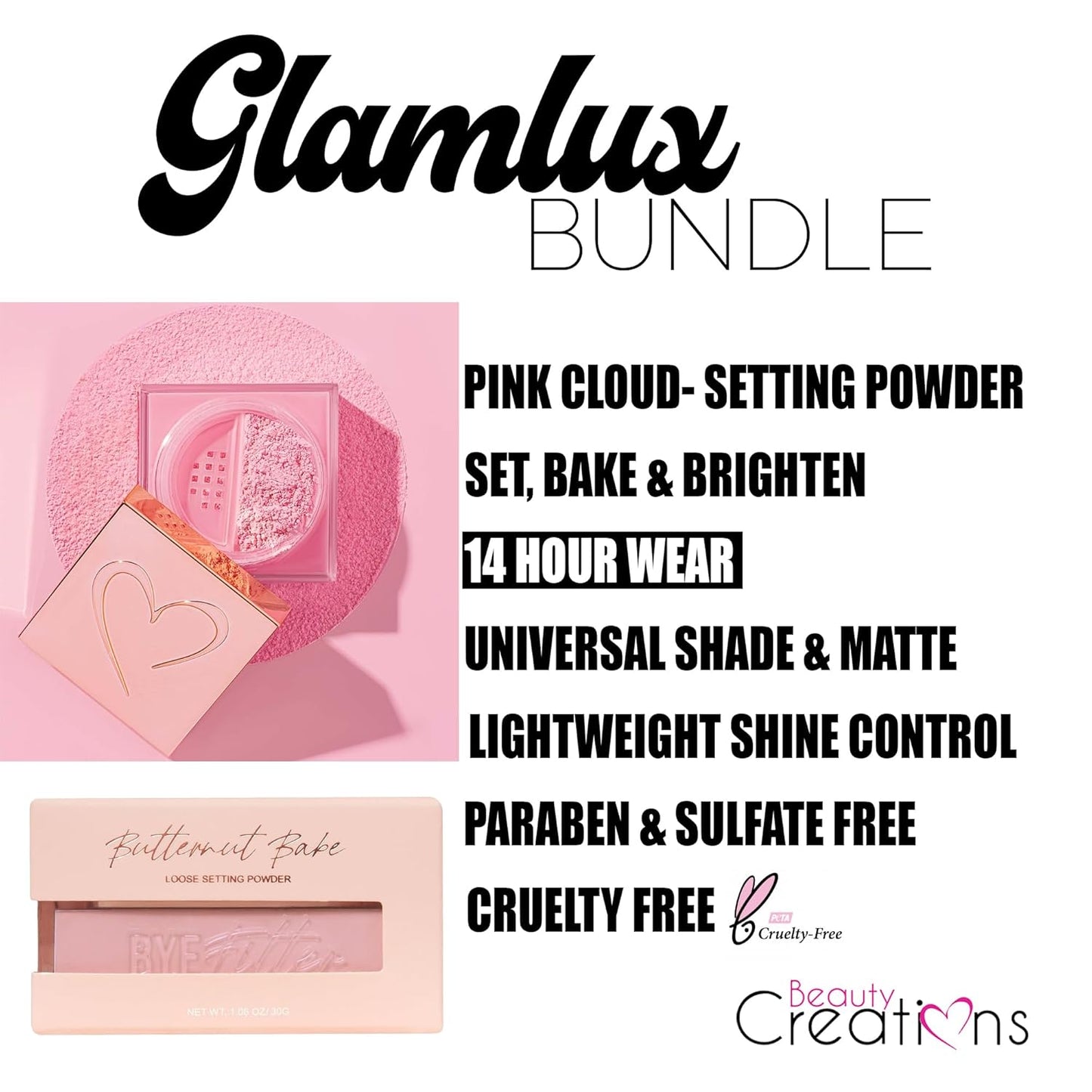 Beauty Bundle Beauty Creations Pink Cloud Pink Loose Setting Powder & Amorus Cloud Blur Matte Balm Foundation, Minimizes Pores, Matte Finish 14HR Shine Control (Almond)
