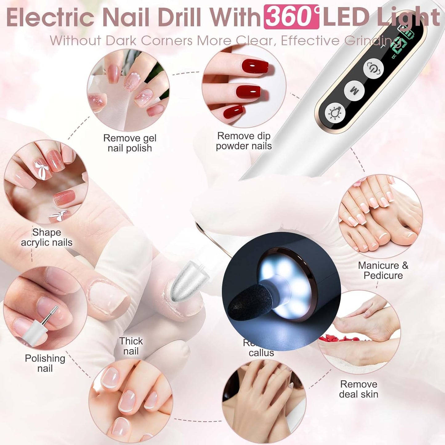 Professional Manicure Pedicure Kit, Cordless Electric Nail Drill with 360° LED light&10 Speeds, Rechargeable Pedicure Tools for feet, Hand Foot Care Nail Drill for Thick Nail Toenail Cuticle Women Men