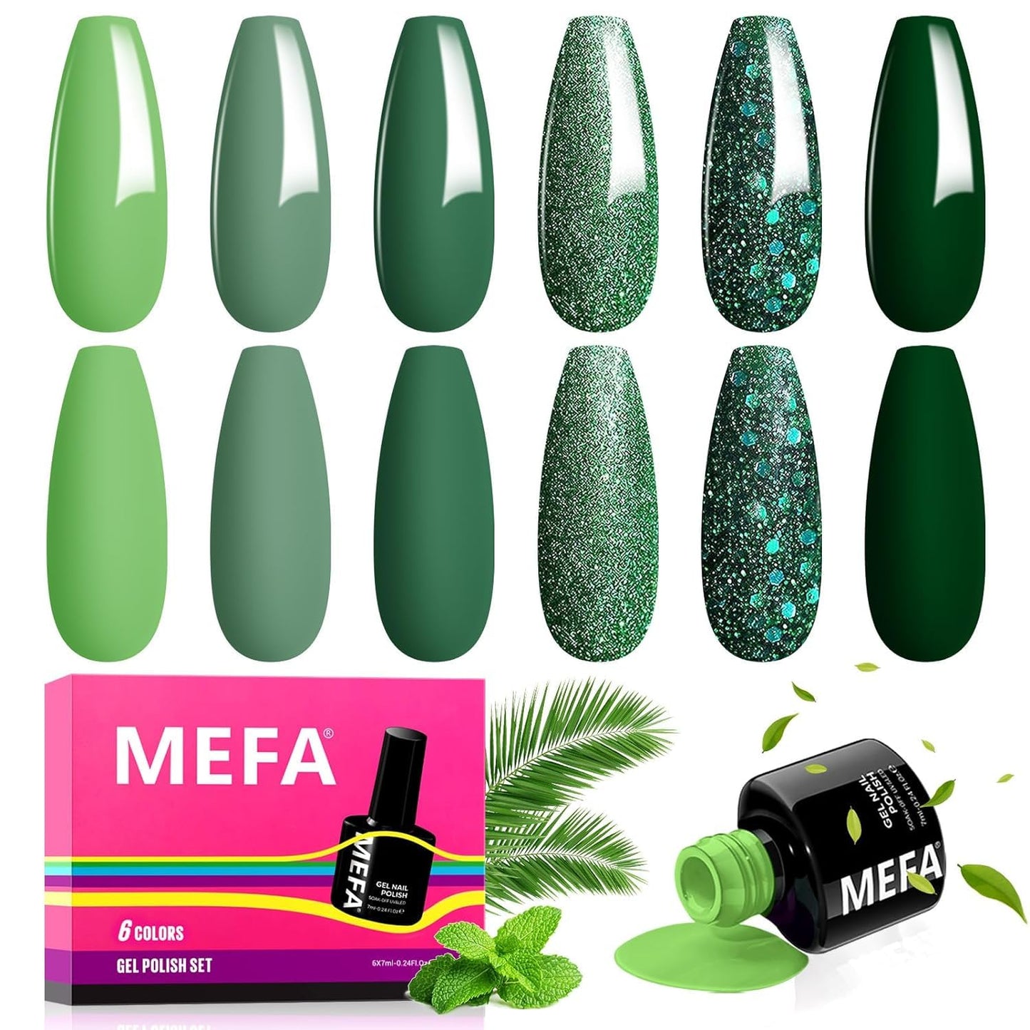 MEFA Green Gel Nail Polish, 6 Colors Green Glitter Nail Polish Gel Dark Avocado Sage Evergreen Sparkle nail Polish Set Soak Off Nail Art DIY Salon Manicure Nail Art Gifts for Women