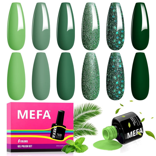 MEFA Green Gel Nail Polish, 6 Colors Green Glitter Nail Polish Gel Dark Avocado Sage Evergreen Sparkle nail Polish Set Soak Off Nail Art DIY Salon Manicure Nail Art Gifts for Women