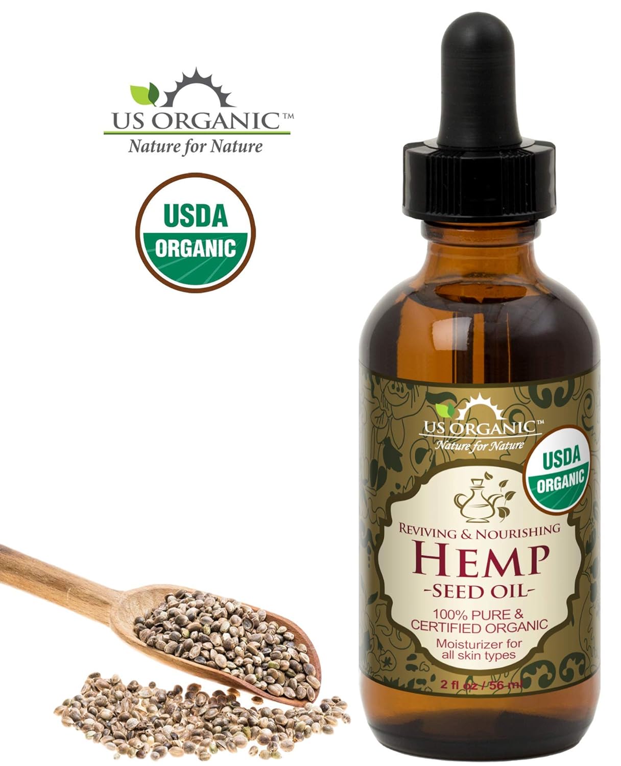 US Organic Hemp Seed Oil, Certified Organic, Pure & Natural, Cold Pressed Virgin, Unrefined, Amber Glass Bottle with Glass Eye Dropper for Easy Application (2 oz (56 ml))