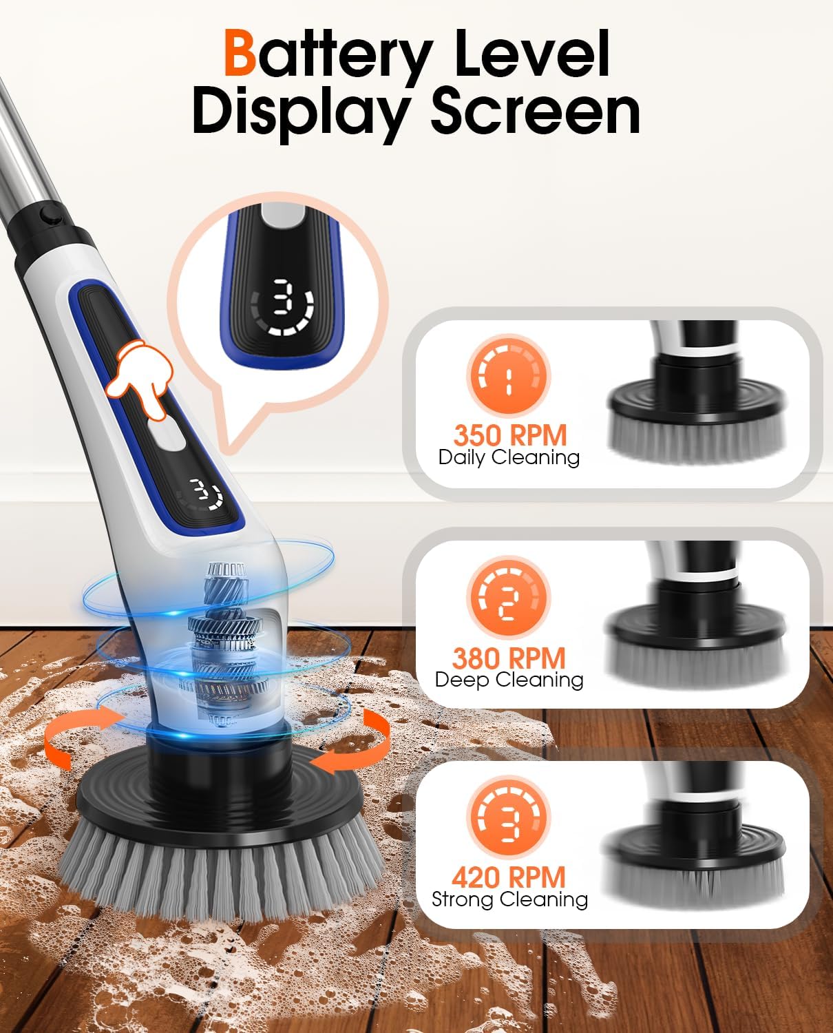 Electric Spin Scrubber, Rocfinity IPX7 Waterproof Cordless Cleaning Brush, 9 Brushs Heads Shower Scrubber - Extendable Long Handle Electric Cleaner Brush for Window,Floor,Car,Bathtub,Kitchen