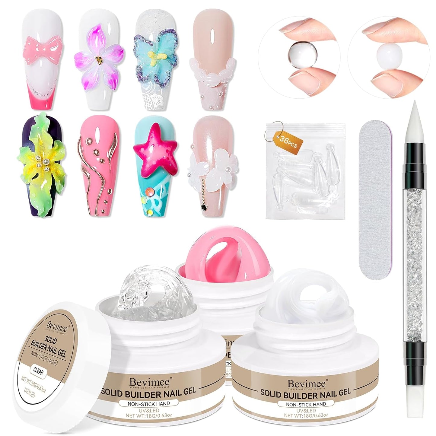 Solid Builder Gel for Nails 3PCS, Clear White Pink 3D Sculpting Hard Gel for Nail Art Non-Stick Hand, for Modeling, Sculpture, Nail Extension UV/Led Manicure DIY At Home 18g*3Colors