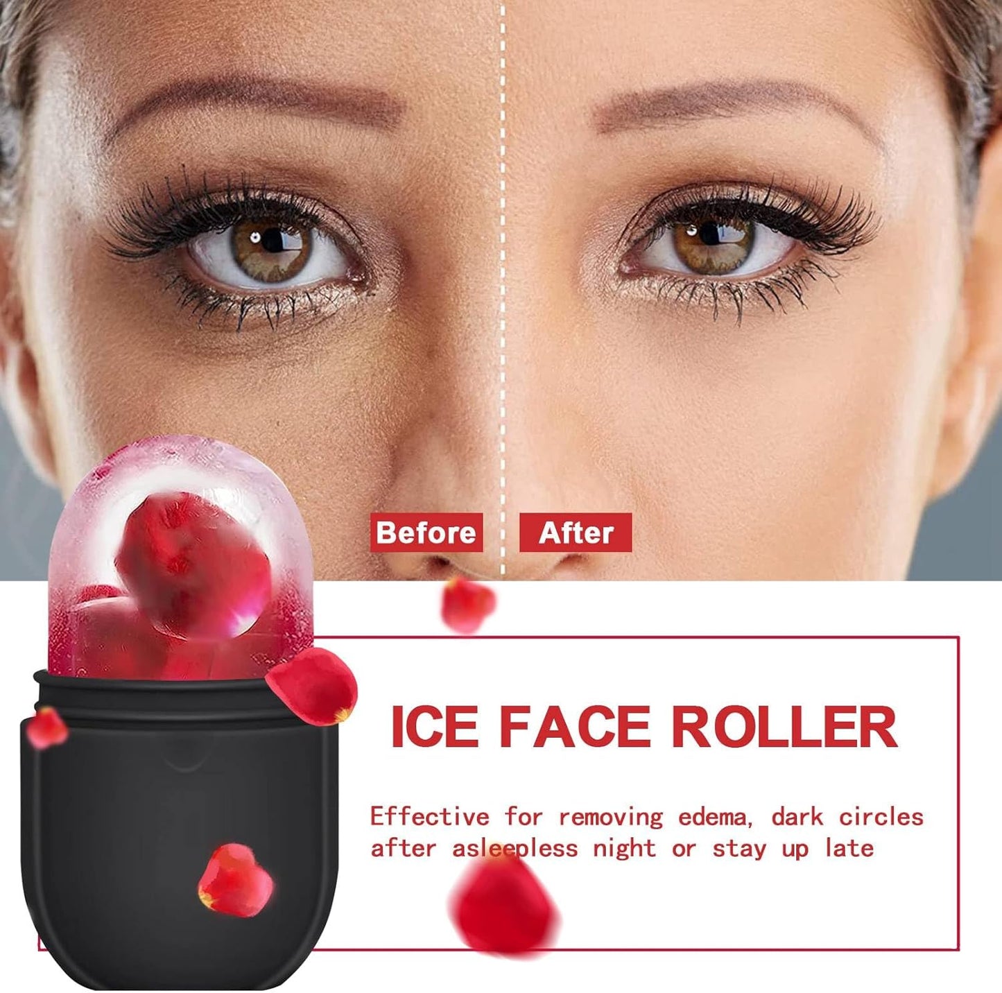 KOGITI Face Ice Roller & Mold - Beauty Facial Massage Tool for Puffiness Relief, Ice Cube Holder (New-Black)