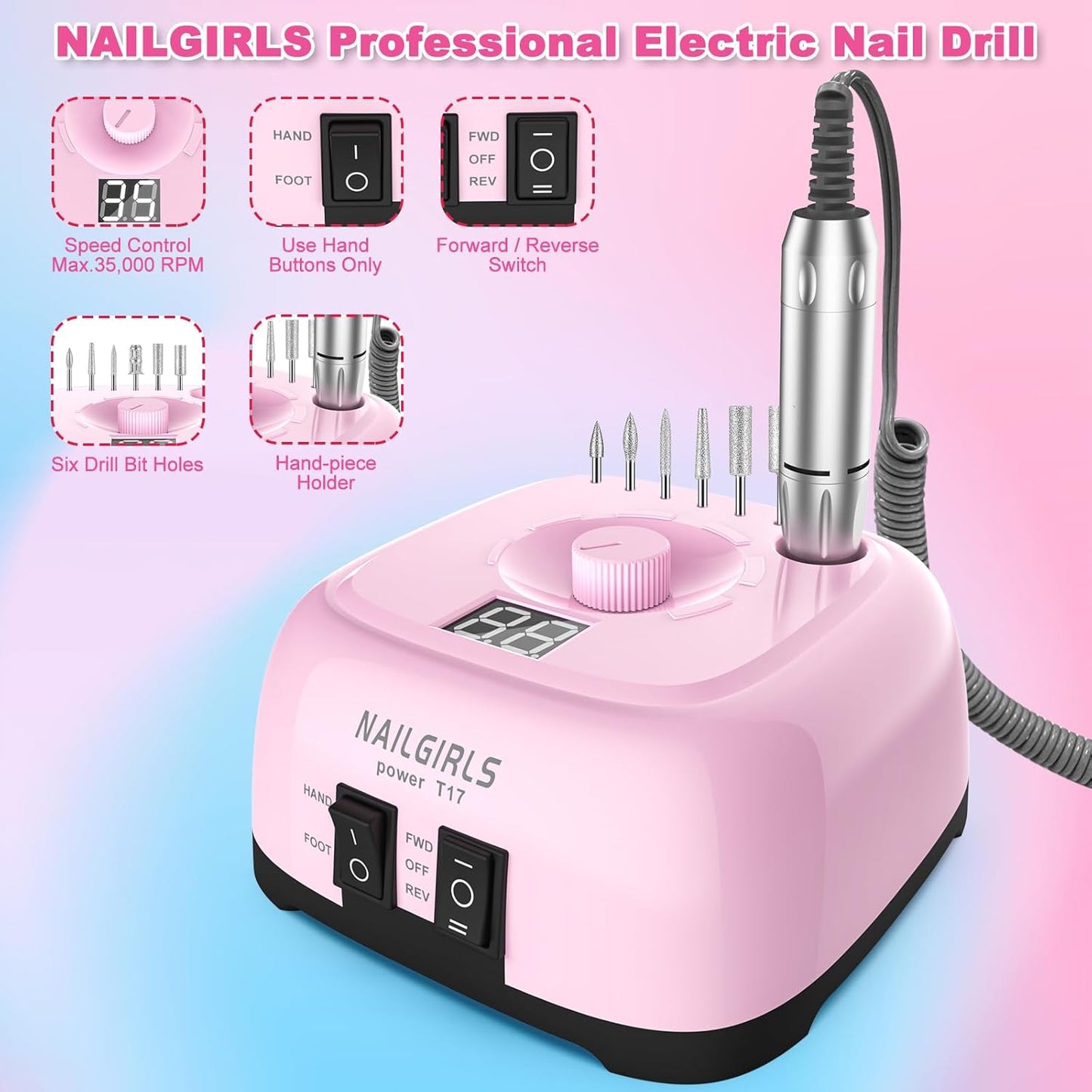 Nail Drill Machine，Professional Electric Nail File Set 35000RPM Nail File Drill Acrylic Nails Kit for Manicure Gel Nail Polish Remover (Pink)