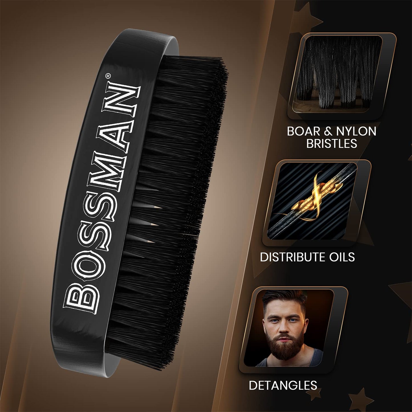 Bossman Beard Brush for Men - Hand Held Boar & Nylon Bristle Brush - Detangling Brush for Beard and Hair Care