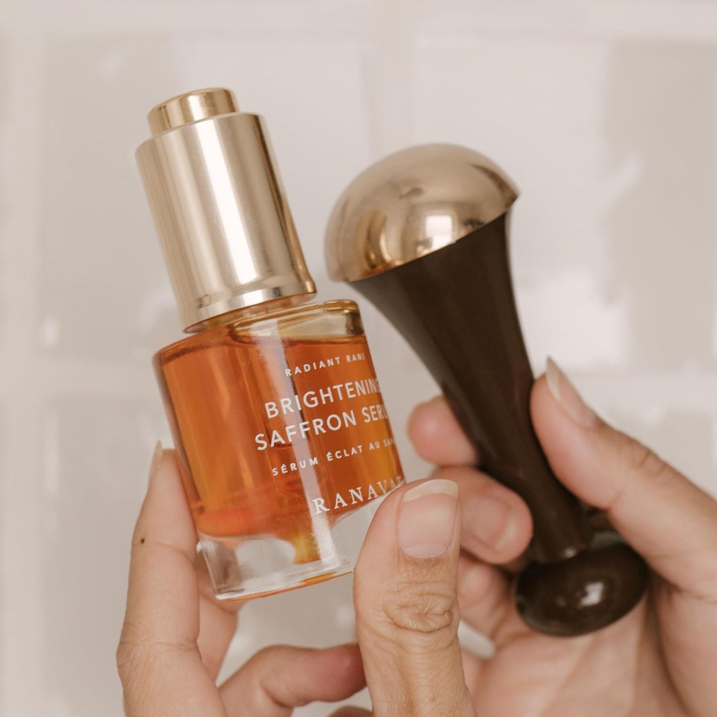 RANAVAT Radiant & Re-Energizing Skincare Duo - Brightening Saffron Serum & Kansa Wand Facial Massage Tool to Tone, Lift, & Improve Appearance of Dark Spots (2 Pieces)