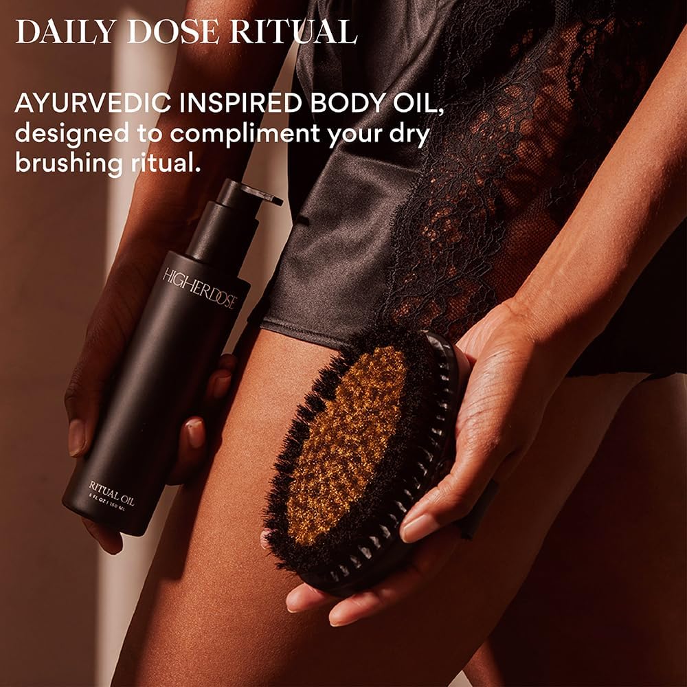 HigherDOSE Ritual Oil - Ayurvedic Daily Nourishing Body Oil for Dry Skin - Moisturizing Body Oil Enriched with Sea Buckthorn & Essential Oils to Deliver Nourished, Toned & Glowing Skin (5 Fl Oz)