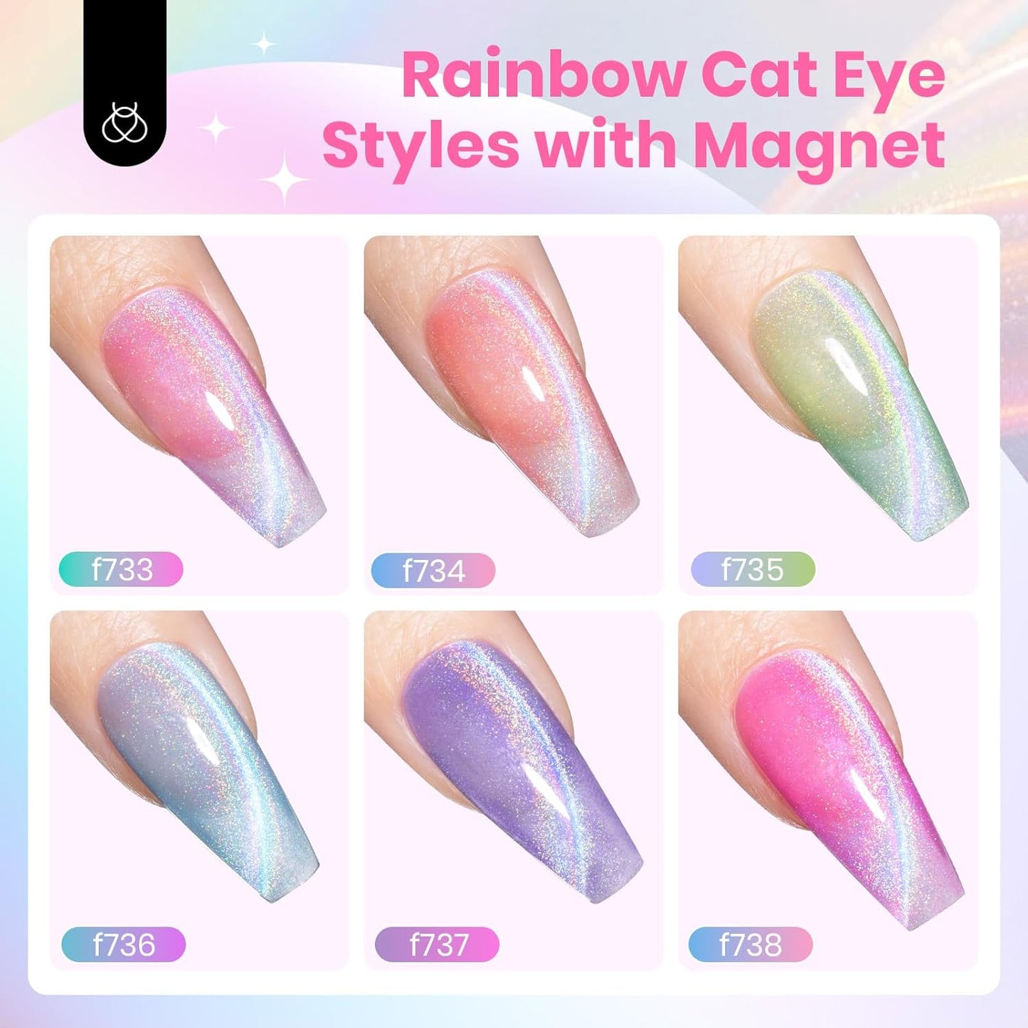 Beetles Cat Eye Gel Nail Polish Set - 6 Colors Summer Rainbow Cat Eye Gel Pink Blue Green Purple Orange Gel with Magnet Soak Off UV Iridescent Halo Collection Salon Nail Art Manicure Gift for Women