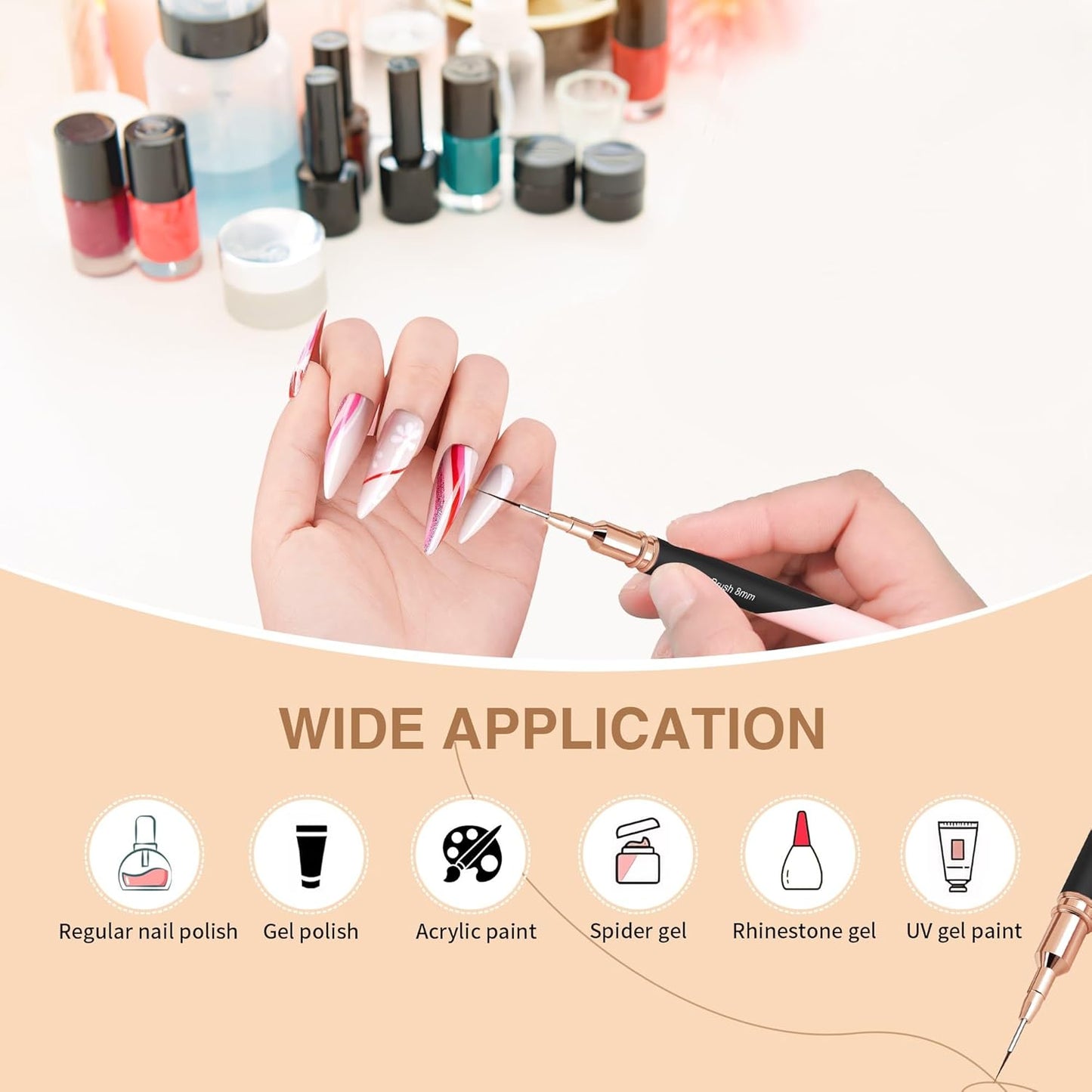 Metallic Nail Art Brushes, 5Pcs Nail Art Liner Brushes, Painting Design Brush Set Nail Dotting Drawing Tool for Long Lines, Thin Details, Fine Drawing Sizes 4/8/12/20/25mm, Sliver