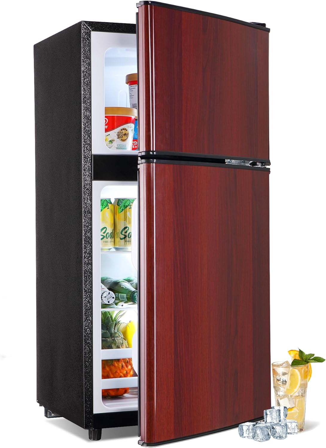 Mini Fridge with Freezer, 3.2 Cu. Ft. Small Fridges with Freezer, Refrigerators Adjustable Thermostat, Apartment Size Refrigerator with Freezers for Office, Apartment, Dorm, Kitchen, Wood