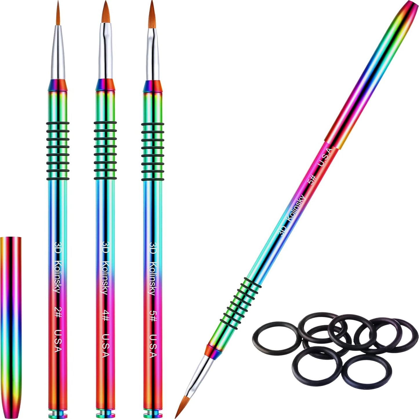 Patelai 3 Pcs Kolinsky 3D Nail Art Brush Set for Acrylic Powder Sculpture Nail Art Brush Size 2/4/5 with Rainbow Metal Nonslip Grip Handle for Acrylic Powder Application