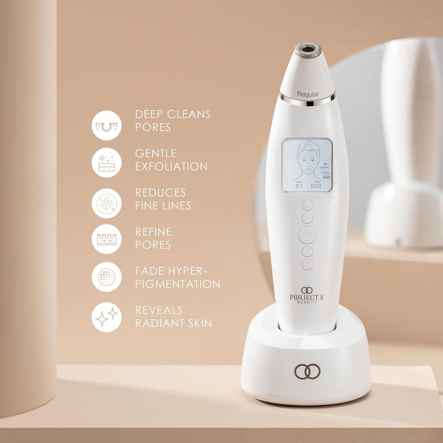 Reinvo Facial Microdermabrasion Wand by Project E Beauty | Gentle Exfoliation | Reduce Wrinkles & Fine Lines | Decrease Pores | Fresh & Radiant Skin | 4 Interchangeable Heads | Vacuum Suction Device