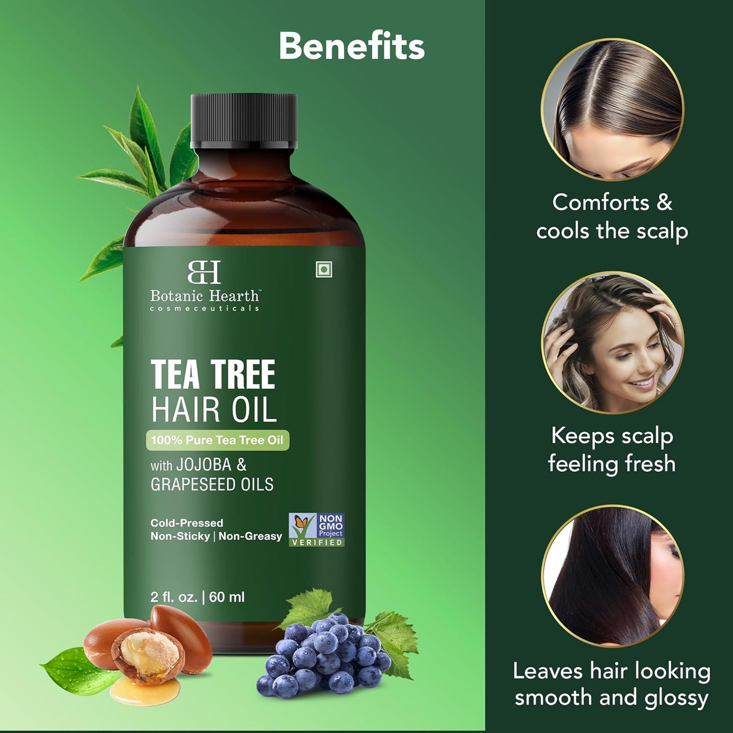 Botanic Hearth 100% Pure Tea Tree Oil (2 Fl Oz) | With Jojoba & Grapeseed Oils | Soothes Itchy Scalp & Fights Dandruff | Hair Oil Repairs Dry Damaged Hair, Strengthening, Healthier Hair- Hair Tonic