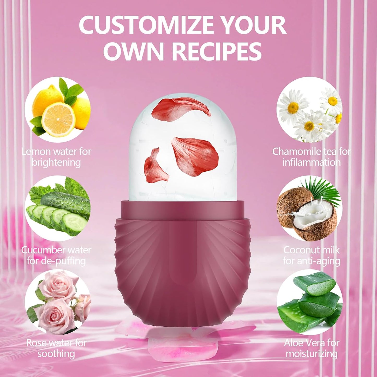 2pcs Ice Roller for Face and Eye, Silicone Ice Facial Roller Ice Holder, Face Ice Mold Skin Care, Face Icers Reusable Ice Cube Roller for Shrink Pores Anti Wrinkle Reduce Puffiness, Pink Rose