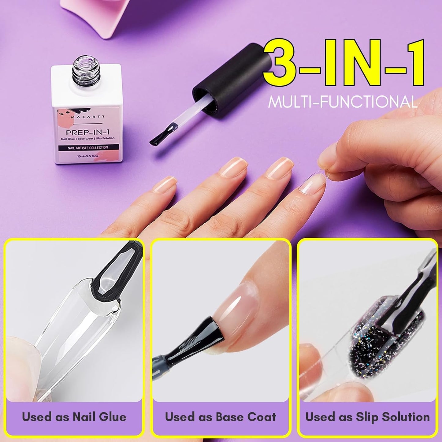 Makartt Gel Nail Glue: 3 in 1 Nail Glue for Acrylic Nails Extension Super Strong Adhesive Bond Long Lasting Brush on Glues for Tips, Base Coat & Slip Solution, & Stick Rhinestone, Curing Needed, 15ml