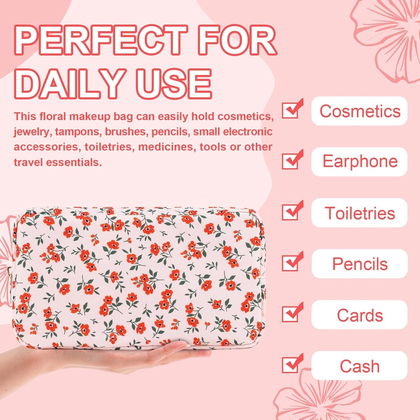 Waterproof Small Floral Makeup Bag Pouch for Purse,Nylon Flower Cosmetic Bag Preppy Travel Toiletry Storage Bag for Women Girl,Cute Makeup Organizer Bag Skincare Bag with Zipper(Small Pink-Flowers)