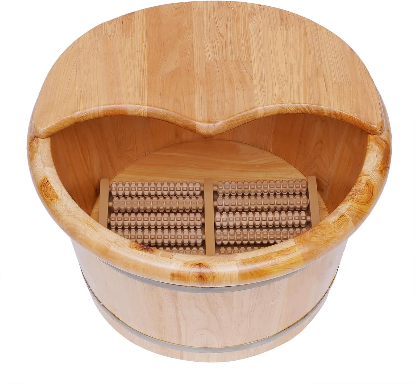 9.84in Tall Wood Foot Soaking Tub with Lid and Massage Roller, Pedicure Bowl for Feet, Portable Traditional Wood Foot Bath Basin for Massage Relaxing, Fatigue Relief