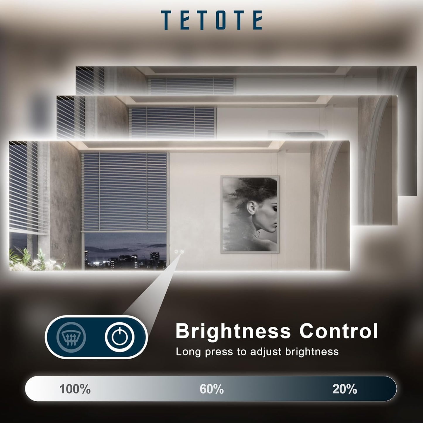 TETOTE 42 x 36 Inch LED Mirror Backlit Bathroom,Anti-Fog Mirror with Light,Dimmable,CRI90+,IP54 Water Proof,Wall Mounted Vanity Lighted,Horizontal/Vertical