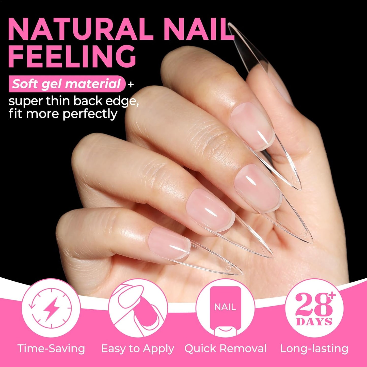 UNA GELLA Long Stiletto Gel Nail Tips: 216pcs Stiletto Almond Fake Nails Pre-Shape Long Almond Press Ons for Full Cover Acrylic French False Nails for Nail Extension Nail Art DIY Salon 12 Sizes