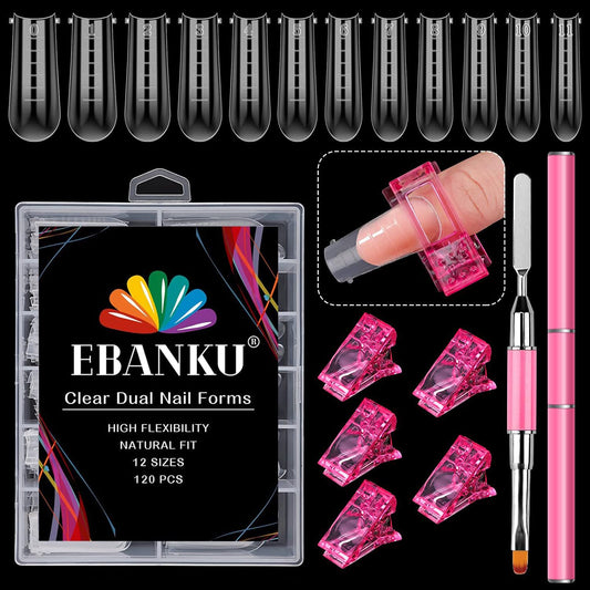 EBANKU 100 PCS Clear Nail Extension Form Tips Dual Nail Mold Full Cover UV Polygel Gel Tools Acrylic Nail System Forms Set with Black Dual-Ended Polygel Brush & Picker 5Pcs Nail Tips Clip (Coffin