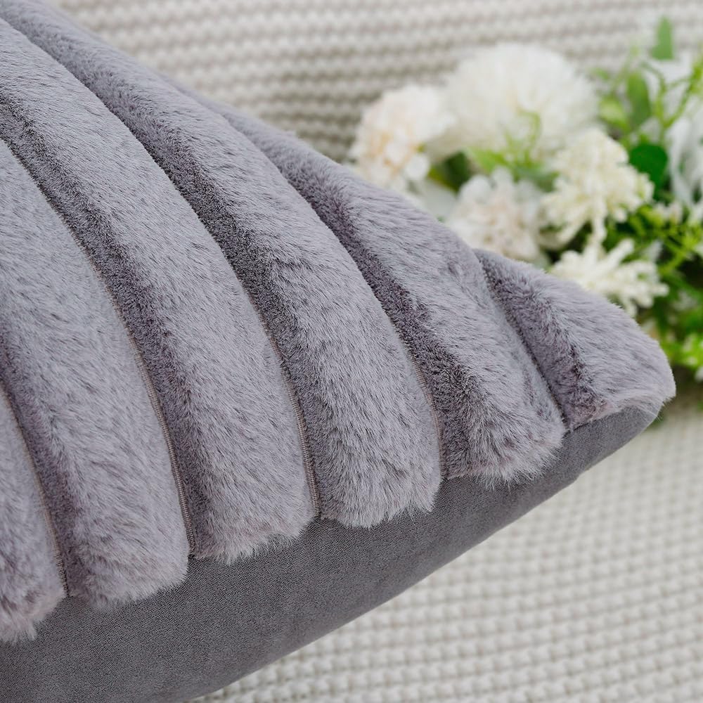MADIZZ Set of 2 Faux Wool Plush Decorative Throw Pillow Covers 16x16 Inch Grey Fluffy Striped Soft Decorative Cushion Cover for Sofa Bedroom Pillow Shell