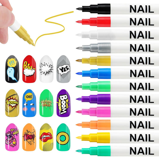 Kalolary 12 Color 0.7MM Nail Art Pens Set, 3D Nail Polish Pens Nail Point Graffiti Dotting Pen Drawing Painting Liner Brush for DIY Nail Art Beauty Adorn Manicure Tools