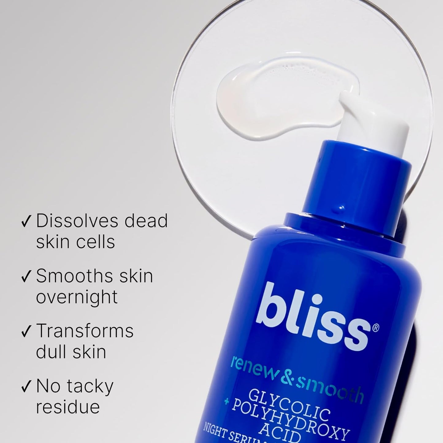 Bliss Glycolic + Polyhydroxy Acid Renew & Smooth - Night Serum - Gently Exfoliate Skin - Hydrating Squalane - Vegan & Cruelty-Free - 1 Fl Oz