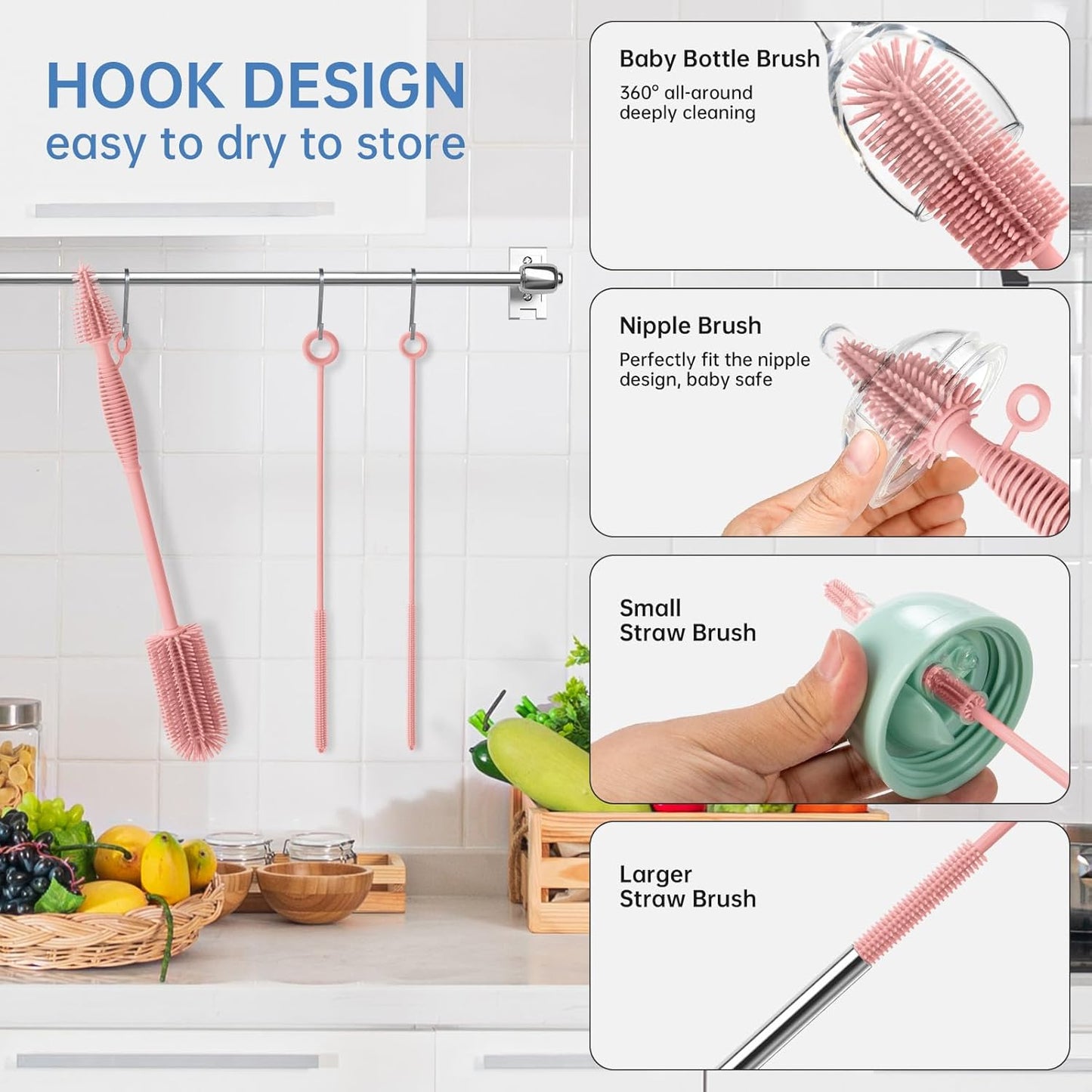 Baby Bottle Brush and Straw Cleaner Brush Set, Extra Long Double-Ended Soft Silicone Brush Cleaner for Baby Bottles, Water Bottles, Cups, Breast Pumps, Detachable & Hangable