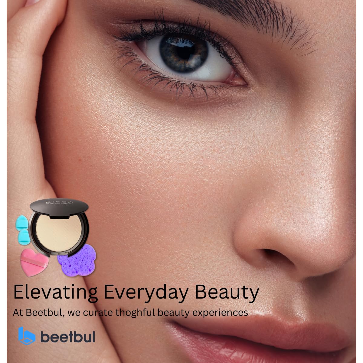 Beetbul Makeup & Exfoliation Kit - Bissú Compact Powder + 1 Medium Velvet Puff + 2 Finger Puffs + 1 Facial Exfoliating Sponge (10 Honey, One Size)