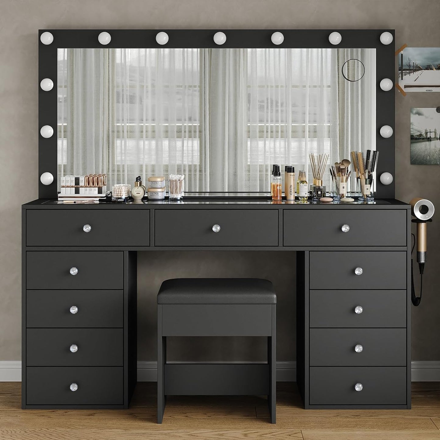 11 Drawers Makeup Vanity with Charging Station, Vanity Desk with 13 LED Bulbs and HD Mirror, 3 Color Brightness Adjustable, Glass Top Vanity Set for Bedroom, Black