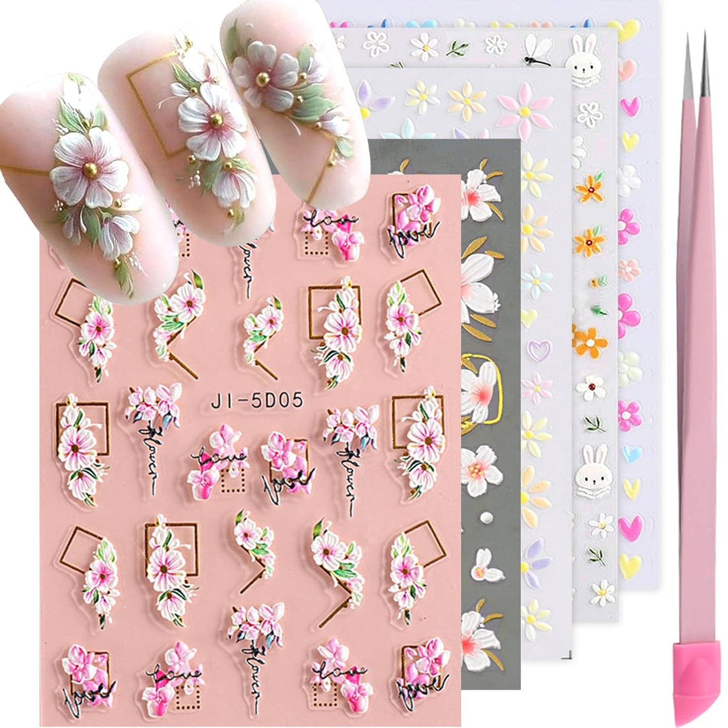 Flower Nail Art Stickers Decals 5D Embossed Nail Decals 6 Sheets Spring Summer Self-Adhesive Nails Design Accessories 3D Flowers Stickers for Women Nails Decoration