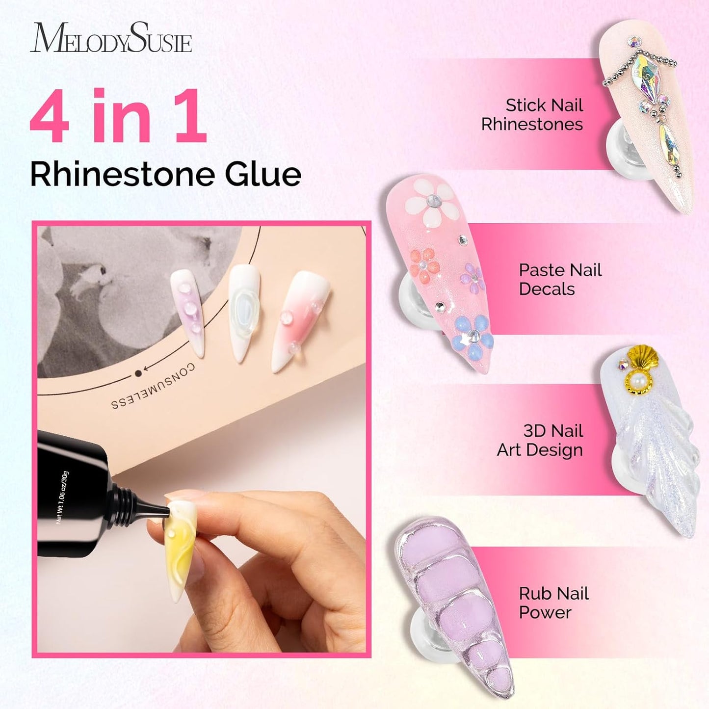 MelodySusie Rhinestone Glue Super Strong Gel Nail Glue for 3D Sculpting Nail Art Design Chrome Powder Decals Decor Need UV/LED Cured 30g