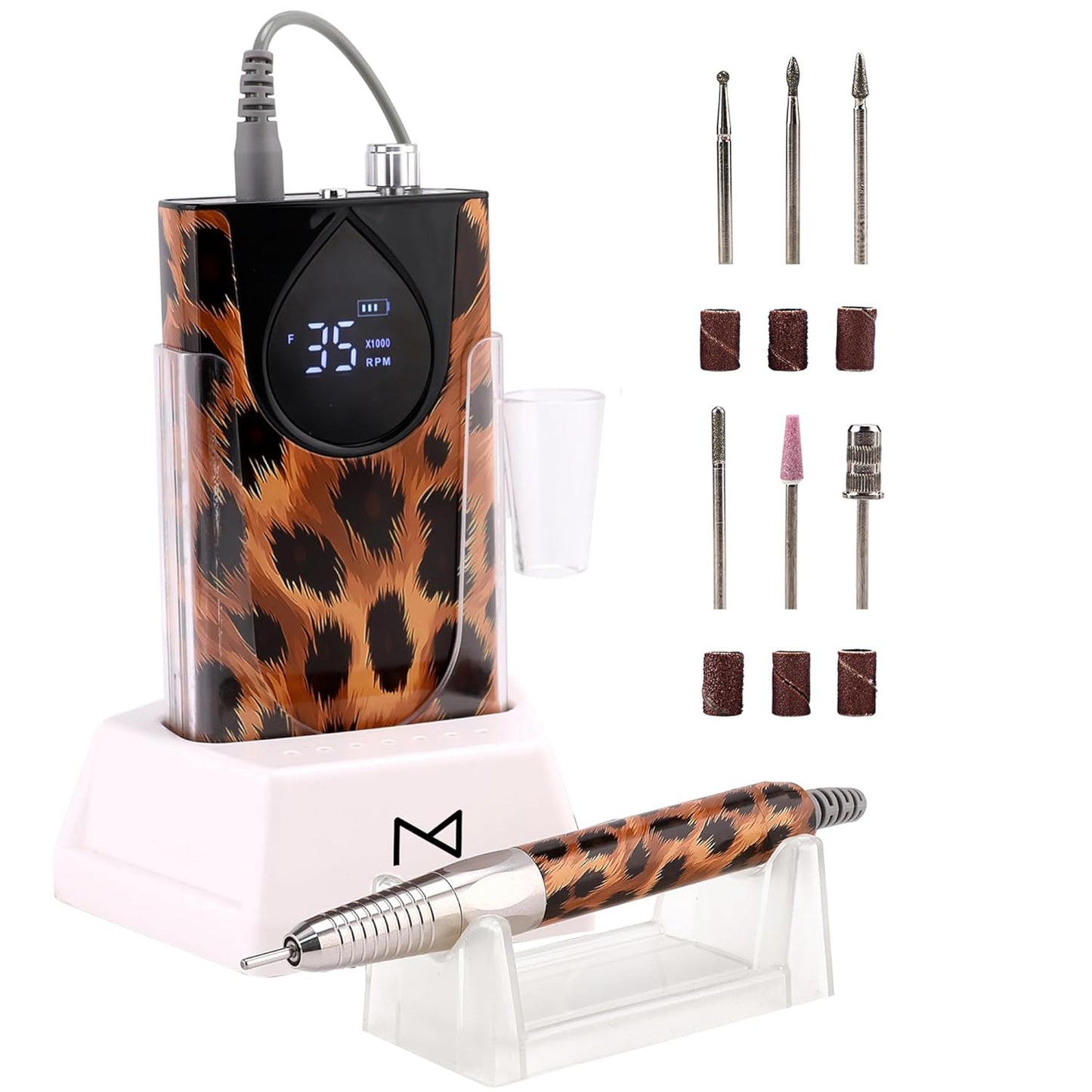 M Max - Nail Drill Professional - 2-in-1 Brushless Motor Nails Drill Machine - Electric, Cordless, Aluminium Alloy Casing, 35000 RPM, HD Display - for Salon & Home Use (Special Edition - Leopard)