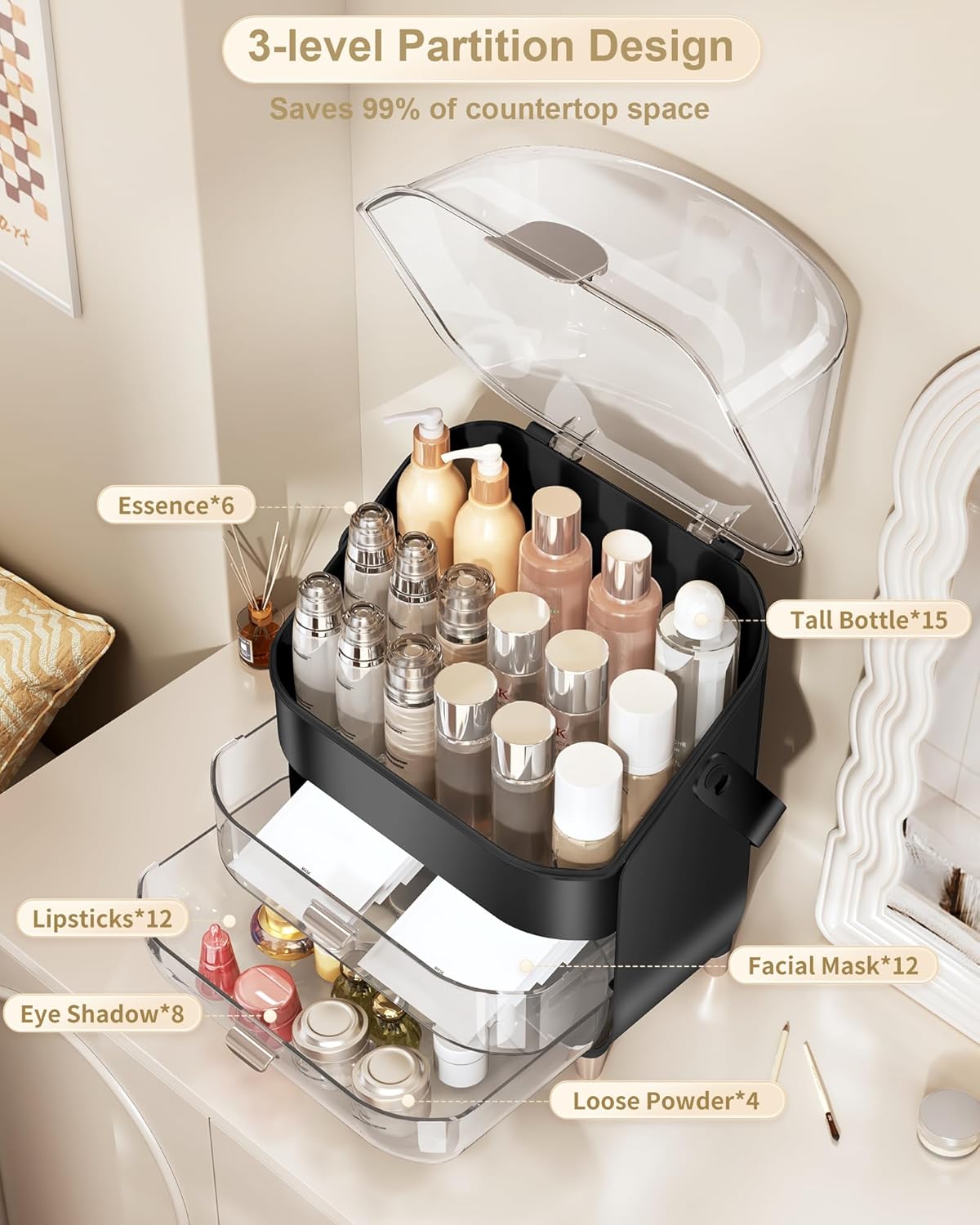 Makeup Organizer, Skincare Holder Bathroom Counter Organizer, Storage Box Cosmetic Display Cases, Teen Girl Gifts Trendy Stuff Make up Organizers for Vanity, Dresser, Countertop (black)