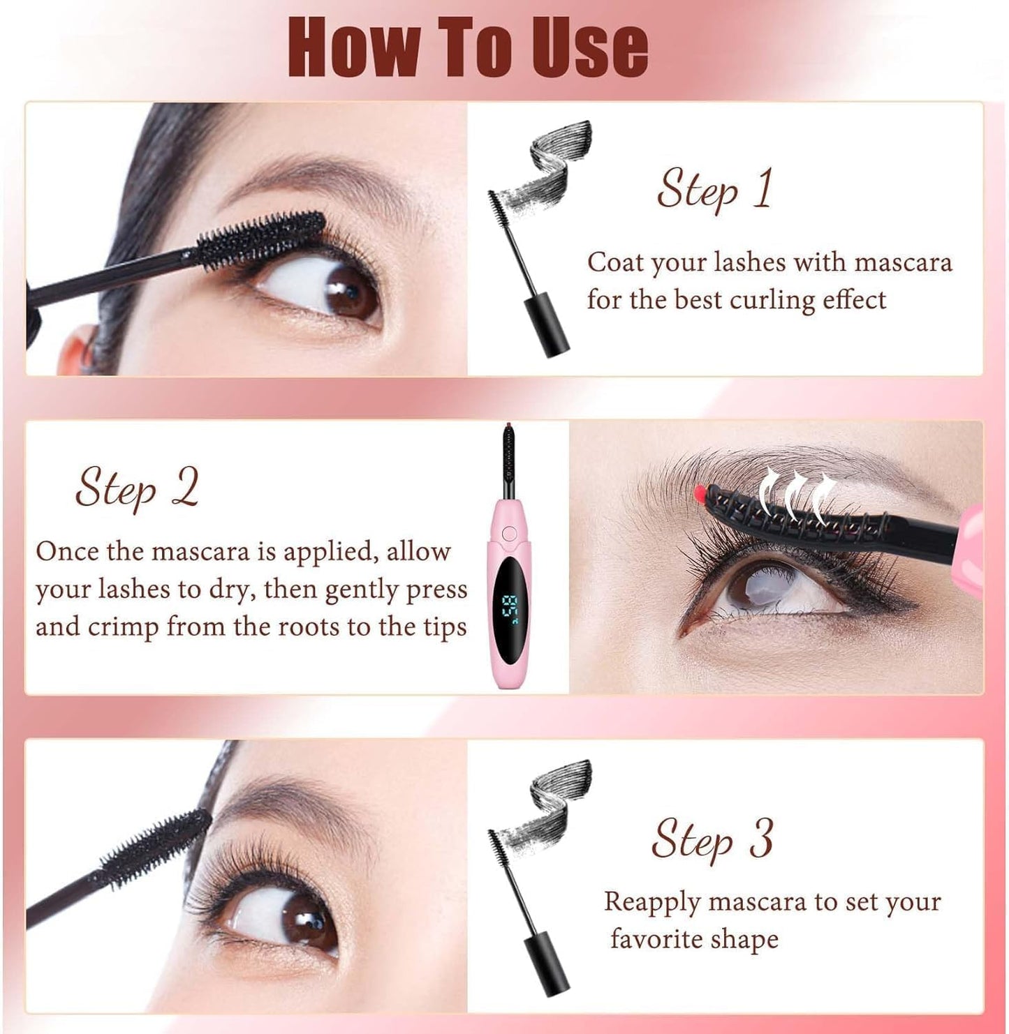Heated Eyelash Curlers Electric Eyelash Curler with LED Display, 3 Temperature Modes Anti-Burn USB Rechargeable Natural Curling 24H Long Lasting for Women Makeup Tools Gifts （Pink）