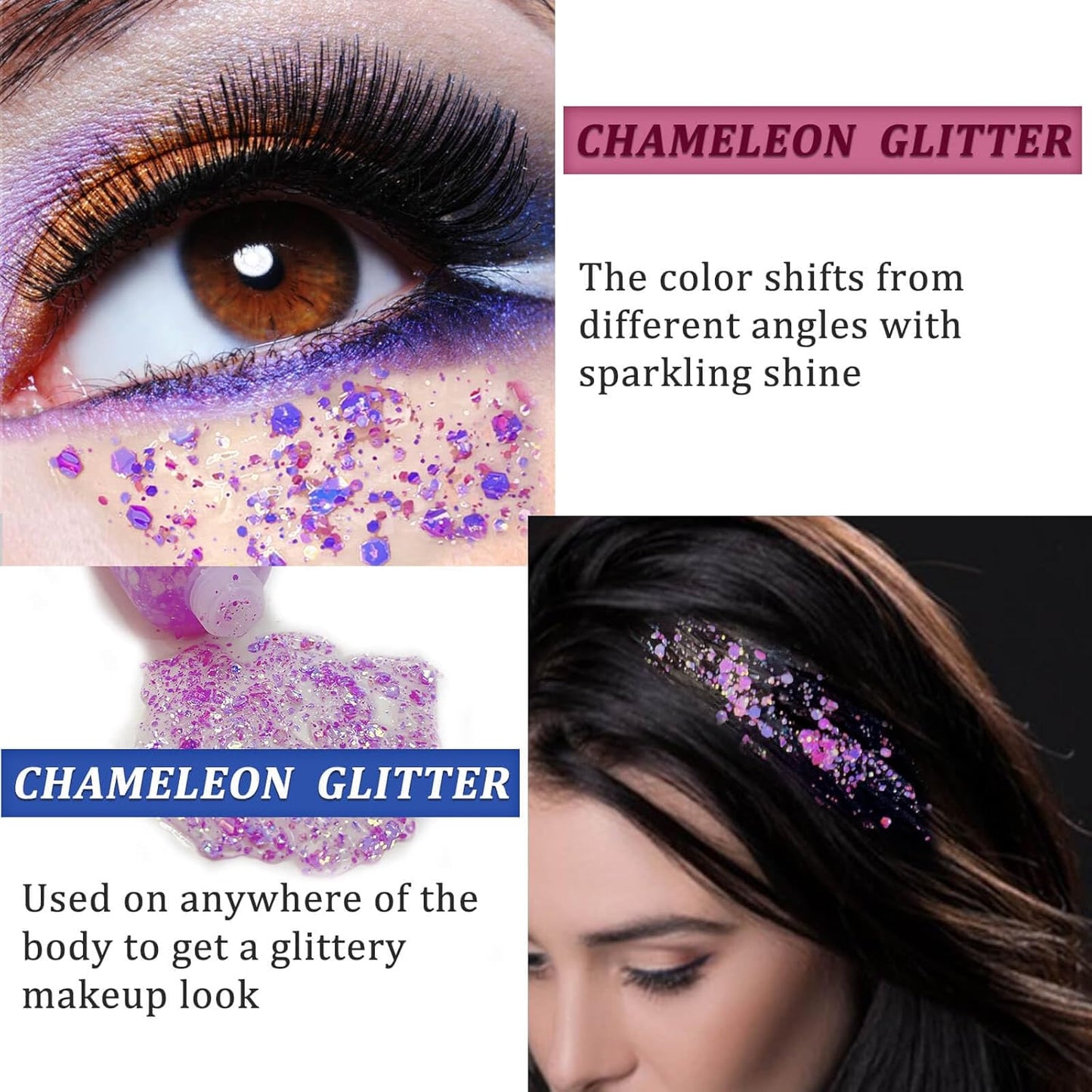 MEICOLY Chameleon Light Purple Body Glitter,Chunky Face Glitter for Halloween,Color Changing Mermaid Face Glitter Gel,Holographic Glitter Sequins for Face Body Hair,Festival Party Cheer Glitter Makeup