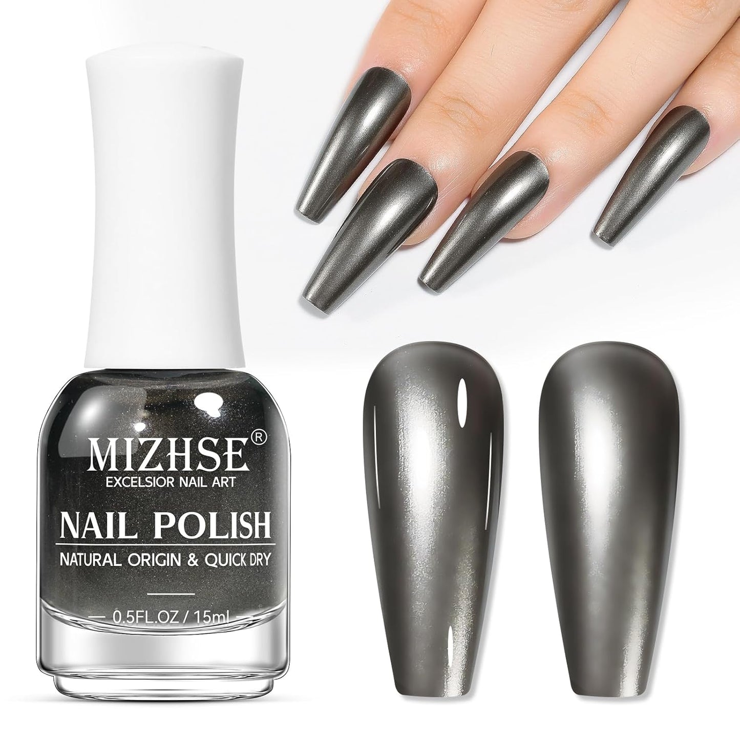 MIZHSE Dark Grey Mirror Nail Polish, Quick Dry Metallic Nail Polish, Air Dry Fast Chrome Nail Lacquer Black Oil-based Nail Art Manicure DIY Home