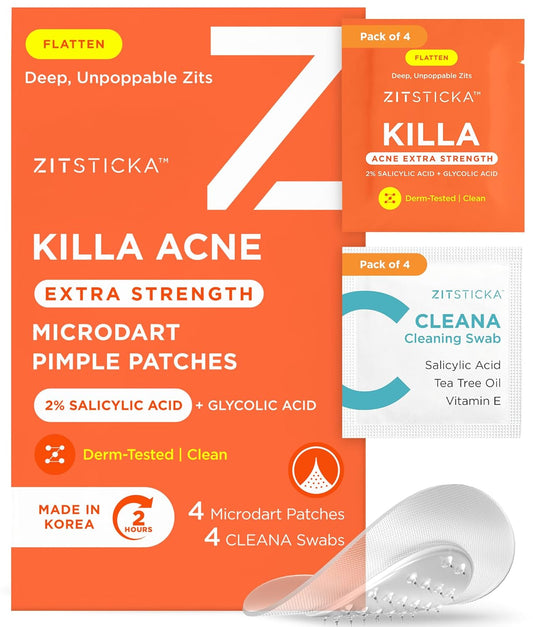 ZitSticka Extra Strength Killa Acne Patches for Face - World's Most Potent Pimple Patch with Fast-Acting Microdarts - Starts Working within 2 Hours for Deep, Early-Stage Zits & Blemish - 4 Count