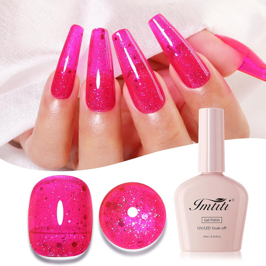Imtiti Glitter Gel Nail Polish, Hot Pink Iridescent Glitter Gel Polish Diamond Shimmer Sparkle Soak Off UV LED Nail Gel Polish Autumn Winter Gel Polish Manicure Gel Nail Kit 10ML