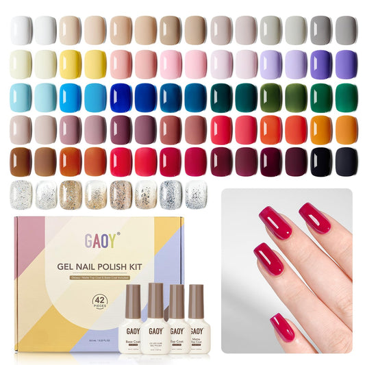 GAOY 42 Pcs Gel Nail Polish Kit, Nude Green Red Glitter Colors All Seasons Gel Nail Polish Set with Glossy & Matte Top Coat and Base Coat for Salon and DIY Manicure at Home