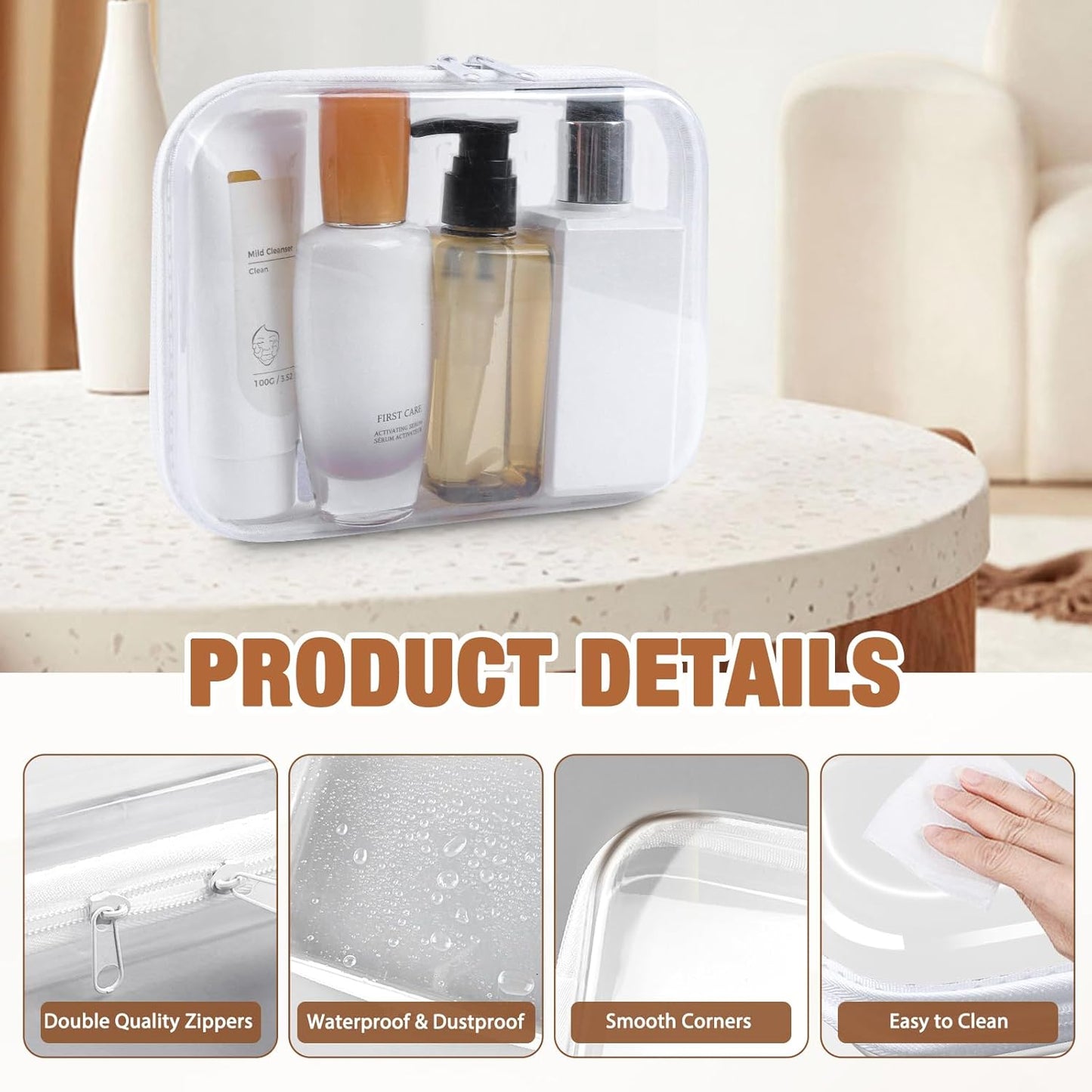 Clear Hard Shell Zipper Case 3 PCS Clear Cosmetic Make up Bag Waterproof Travel Toiletry Bag for Women, Hard Plastic Zipper Pouches Portable Travel Storage Organizer Bins (White, 8"x6"x2")