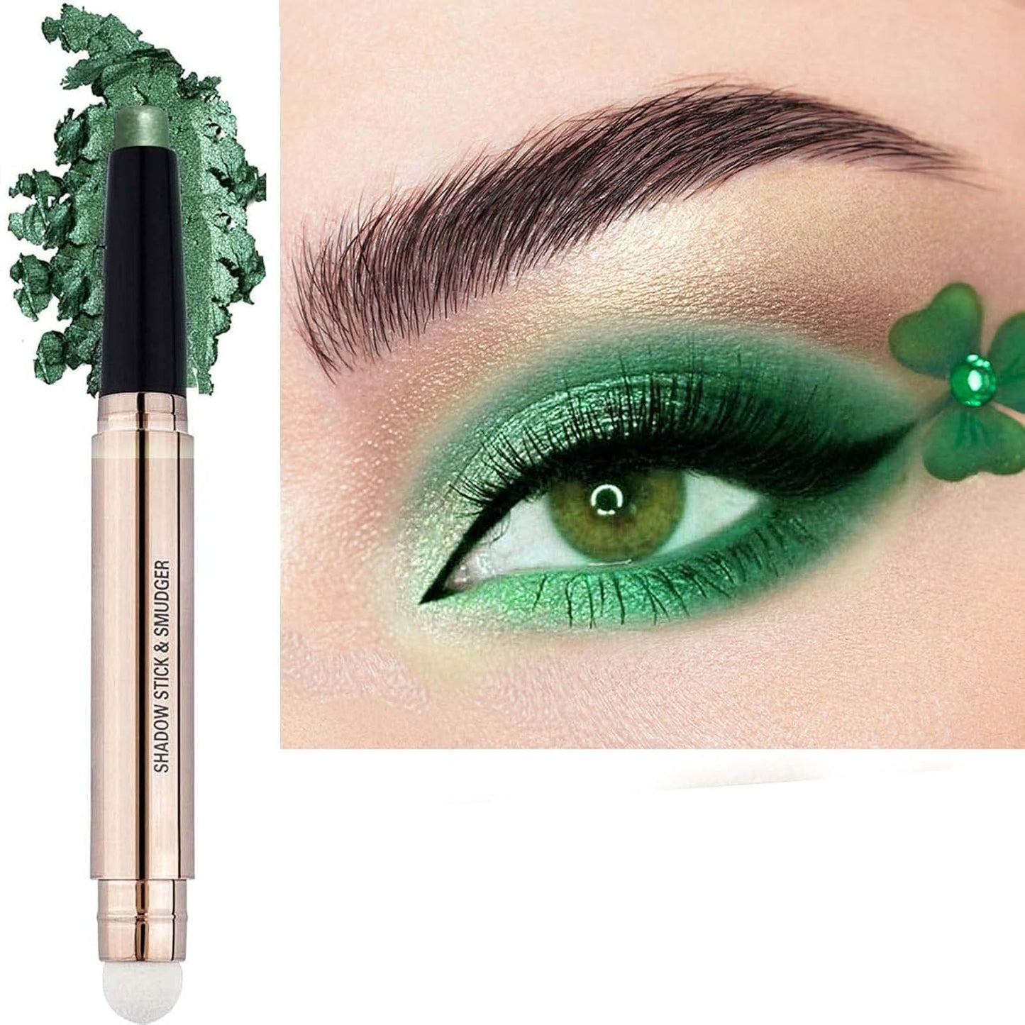 Bright Green Eyeshadow Stick Makeup, Highlighter Matte Cream Eye Shadow Pencil, Waterproof Hypoallergenic Long Lasting Crayon, Glitter Primer Palette Shimmer Eyeliner Pen wiht Soft Brush