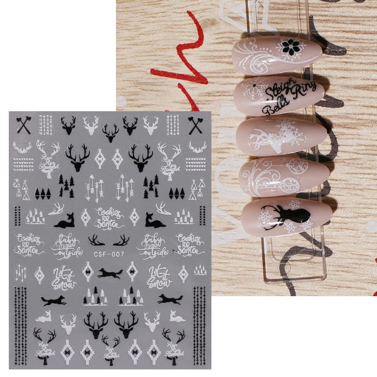 JMEOWIO 9 Sheets Christmas Glitter Nail Art Stickers Decals Self-Adhesive White Black Nail Supplies Nail Art Design Decoration Accessories