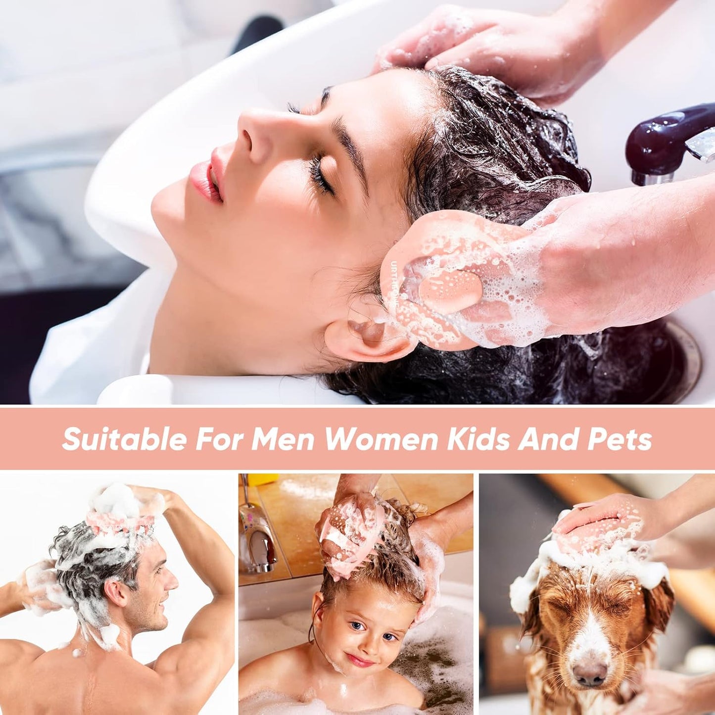 URTHEONE Scalp Massager Shampoo Brush, Hair Scalp Scrubber Head Massager with Soft Silicone Bristles for Women Men Kids Pets Shower and Hair Growth(Pink) Includes 5 Pcs Hair Ties